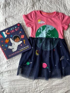 Girls Space Tulle Dress in Pink and Navy